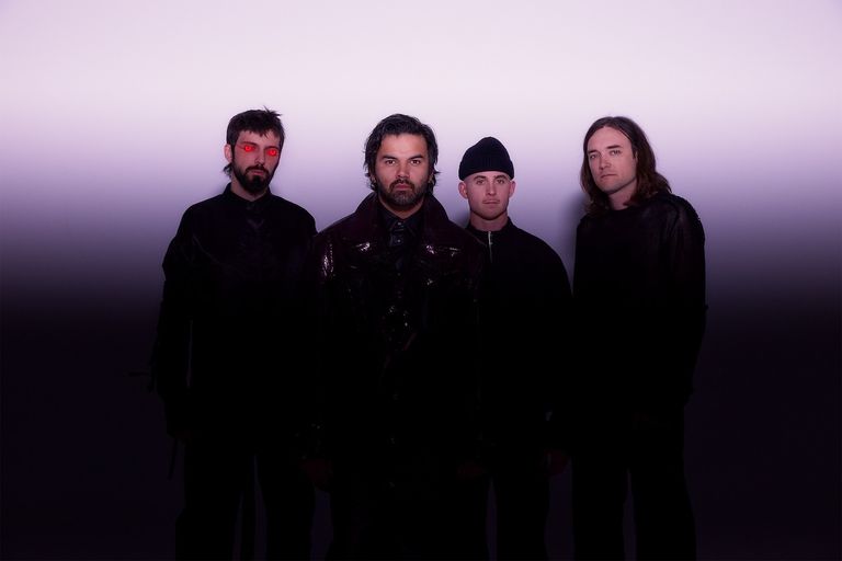 Metalcore band Northlane portrait in dark attire against a gradient background, photo by Kane Hibberd.